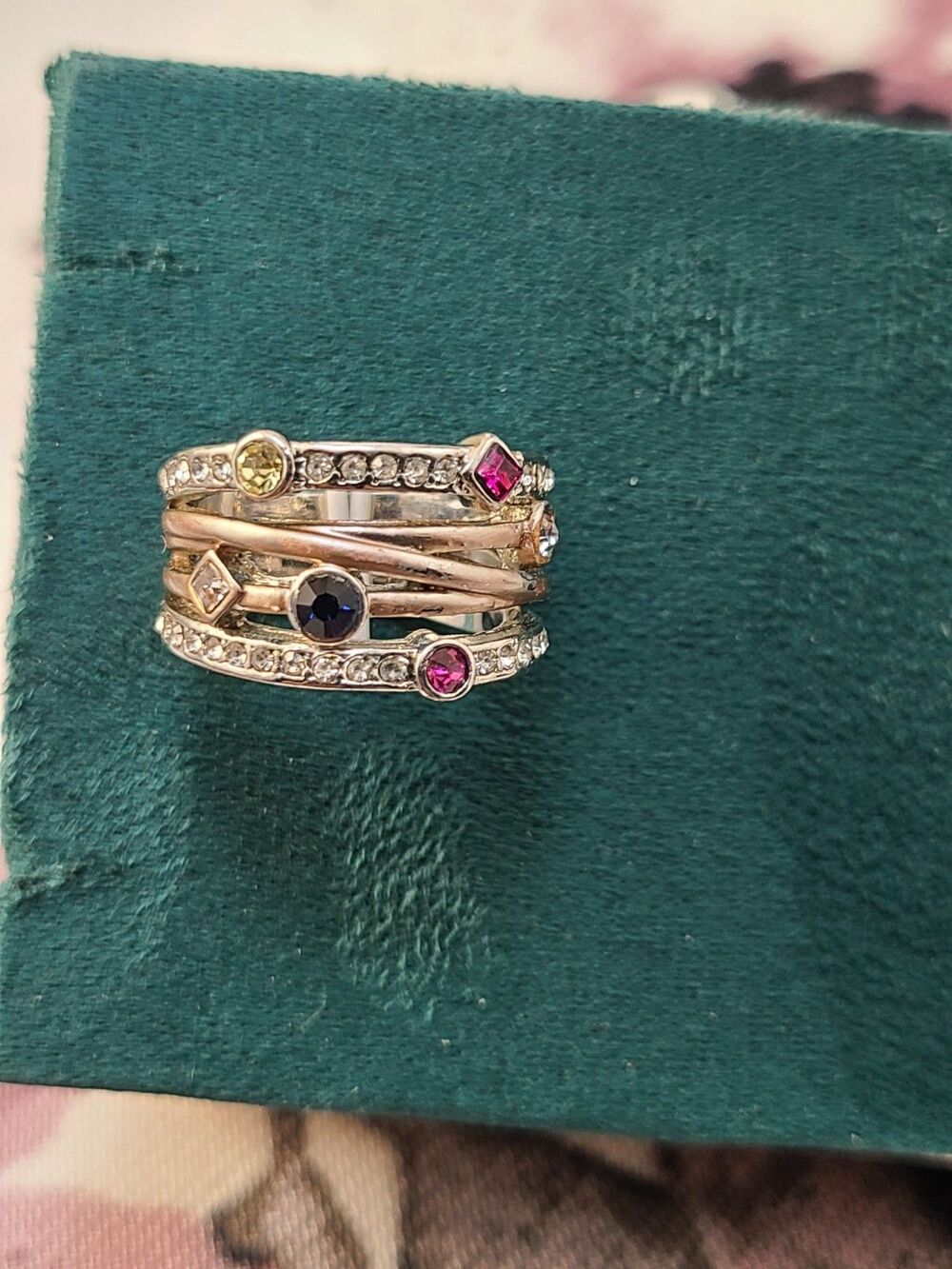 Sterling Silver Multi Gem Ring Size 6 Rainbow CZ Wide Band Statement